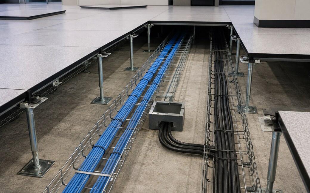 Organised power and data cabling within the clear void beneath a raised access floor